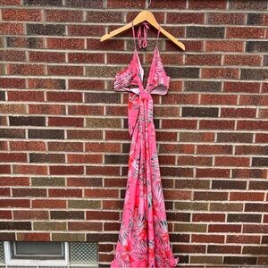 SHEIN Pink Tropical Print Waist Cut Out Halter Maxi Dress